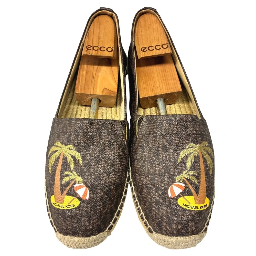 Michael Kors Espadrilles Women's 8.5M Brown Monogram Palm Tree Slip On Beach